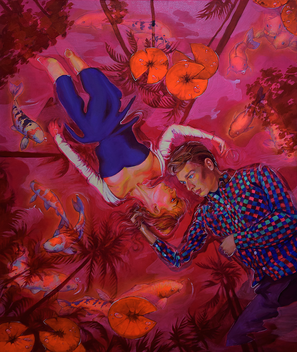LOVERS IN RED POND 110x130cm Natalia Rak oils and acrylics on canvas